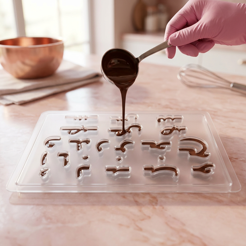 Pouring chocolate into Arabic letter silicone mould