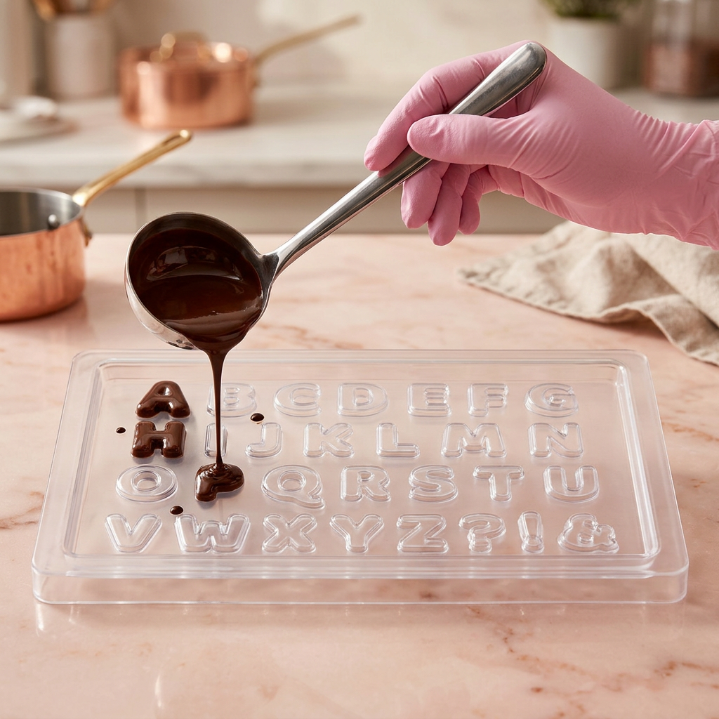 Pouring chocolate into A-Z English letter silicone mould